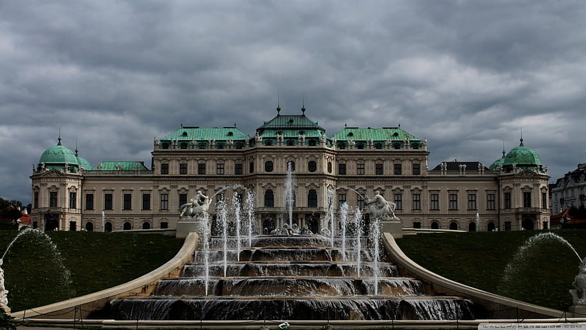 palacio belvedere en viena austria, nubes, estatua, palacio, fuente fondo de pantalla