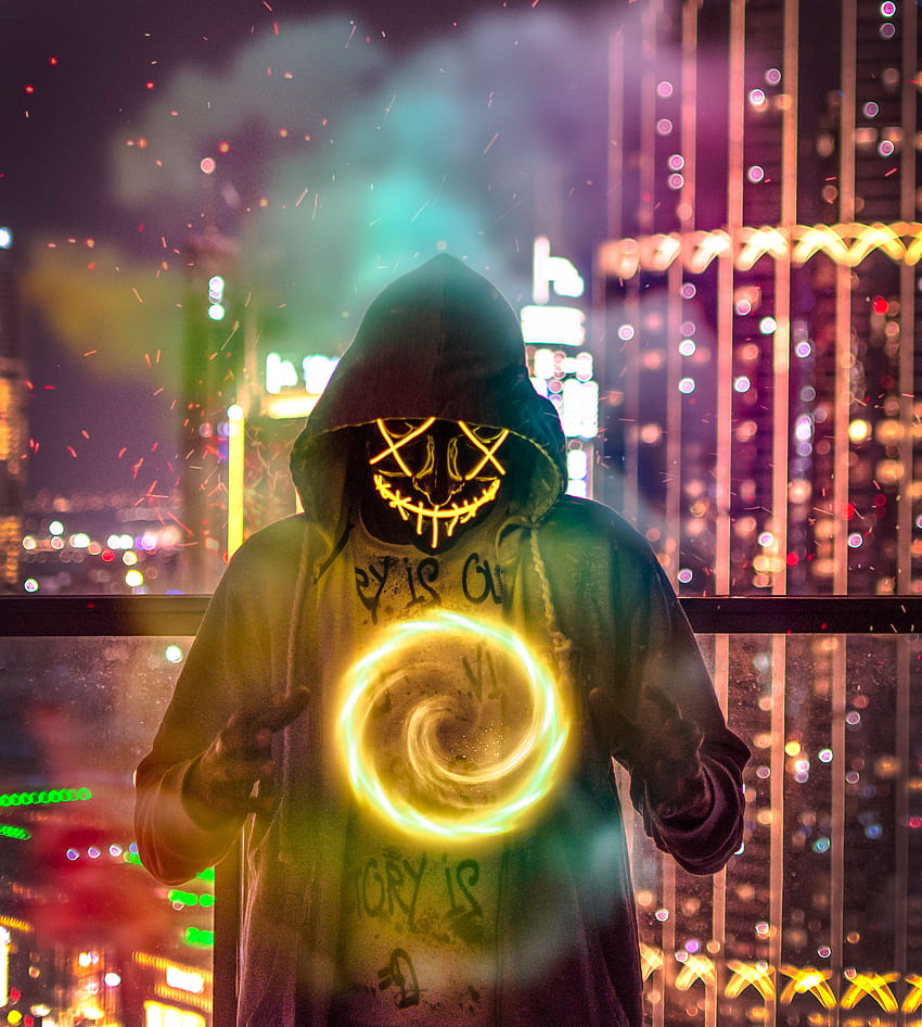 Man Wearing Hoodie Forming Chakra · Stock, LED Mask HD phone wallpaper