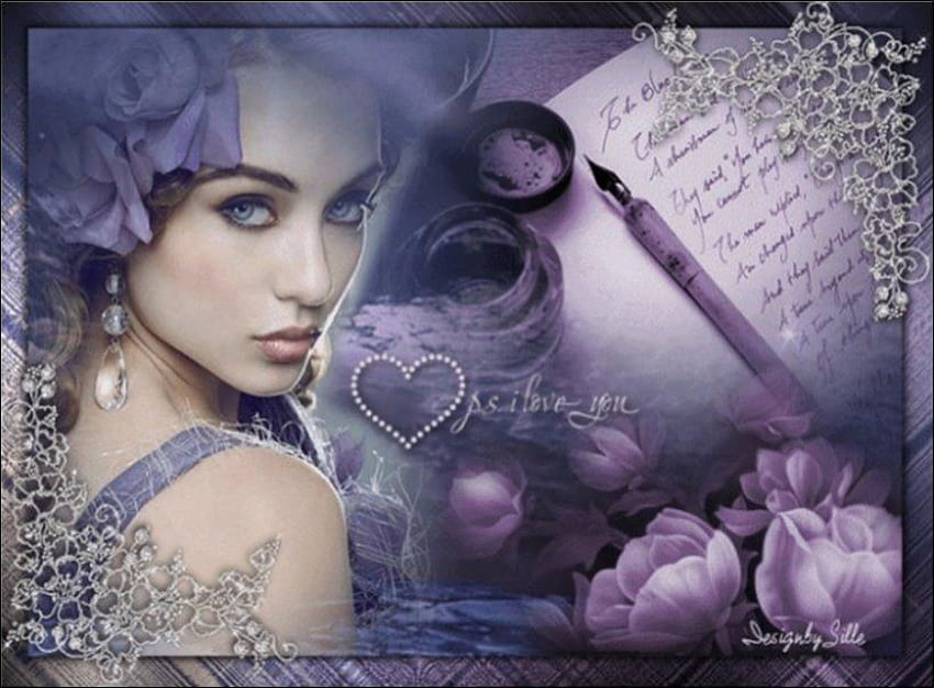 P.S. I Love You, lady, love, ornate frame, fountain pen, mauve roses, heart HD wallpaper