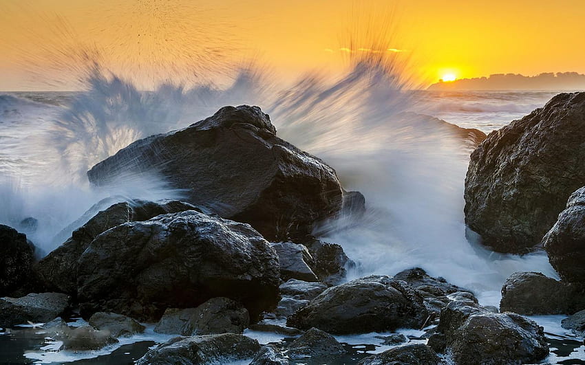 Wave breaking on coastal rocks at sunset, Marin County, California, sky, water, sunset, sea, colors, usa HD wallpaper