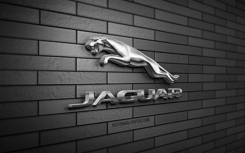 Logo Jaguar 3D,, brickwall abu-abu, kreatif, merek mobil, logo Jaguar, logo metal Jaguar, seni 3D, Jaguar Wallpaper HD