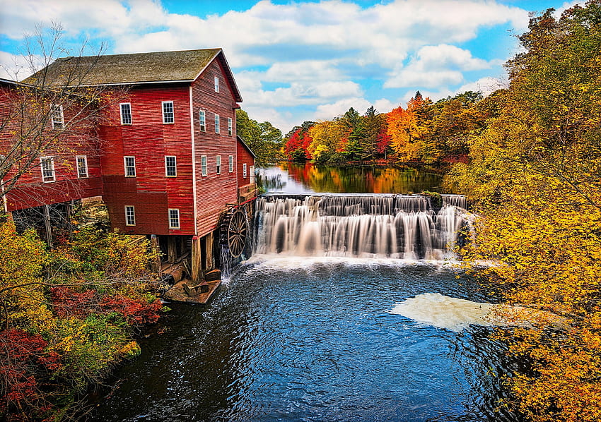 Le moulin Dells à Augusta, Wisconsin, rivière, coloré, moulin, automne, beau, cascades, automne, eau, forêt, feuillage Fond d'écran HD