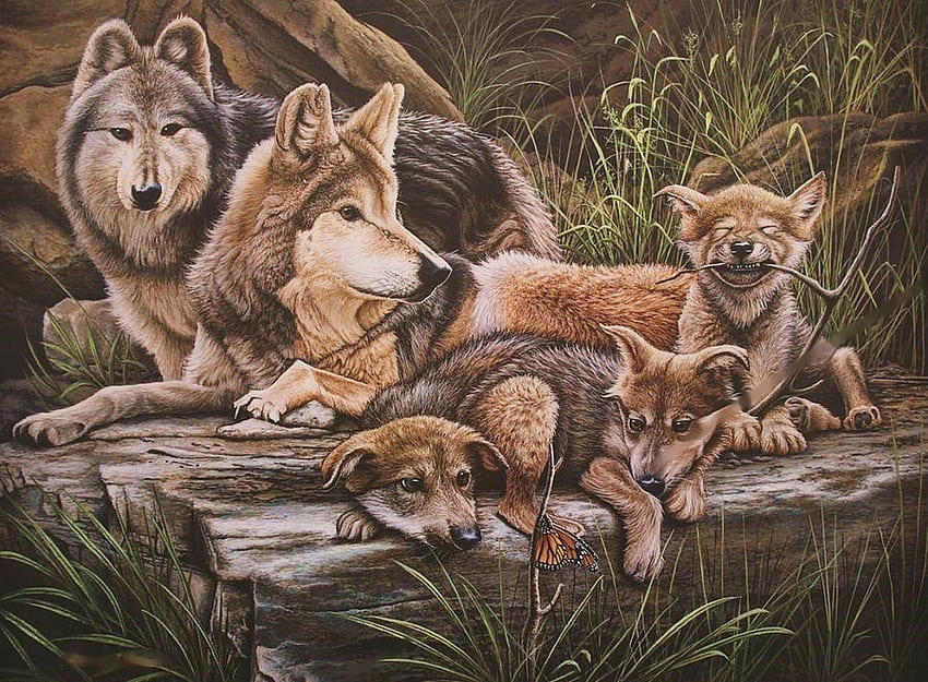 dom's First Family, artwork, predators, wolves, painting, pups, nature, wolfpack HD wallpaper
