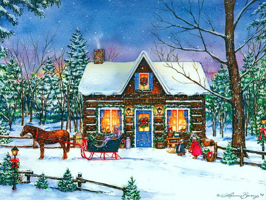 Magical evening, winter, horse, fun, peaceful, nice, snowflakes, holiday, magical, snow, trees, frost, magic, frozen, house, santa claus, beautiful, sledge, christmas, lights, nature, joy, lovely, ice, evening, village, home HD wallpaper