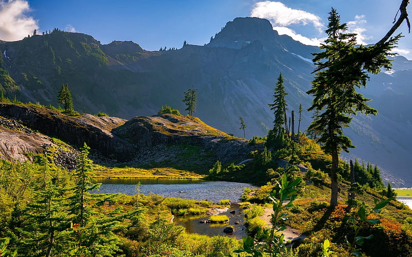 North Cascades National Park, Washington, peaks, landscape, trees, clouds, sky, mountains, usa HD wallpaper