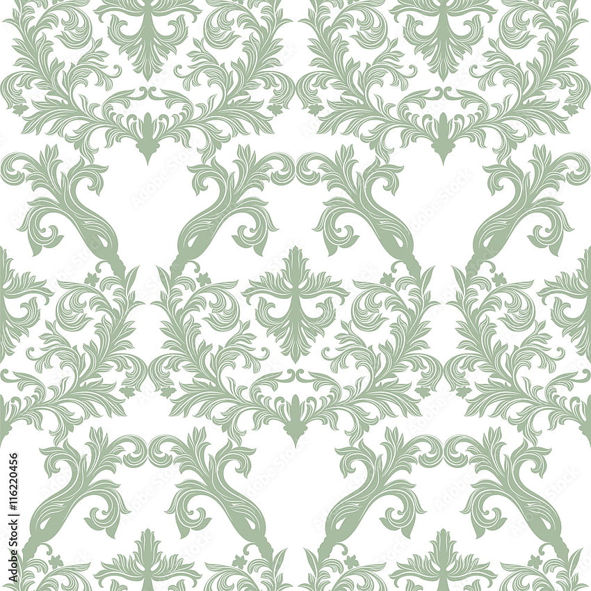 Wektor barokowy Vintage kwiatowy wzór adamaszku. Luksusowy klasyczny ornament, królewska wiktoriańska tekstura, tekstylia, tkaniny. Lint zielony kolor Stock Vector, zielony wiktoriański Tapeta na telefon HD