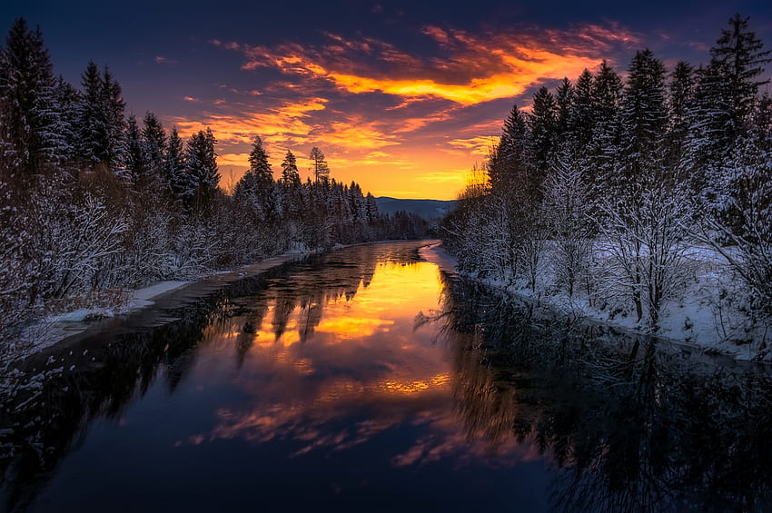 River, trees, winter, sunset, nature HD wallpaper