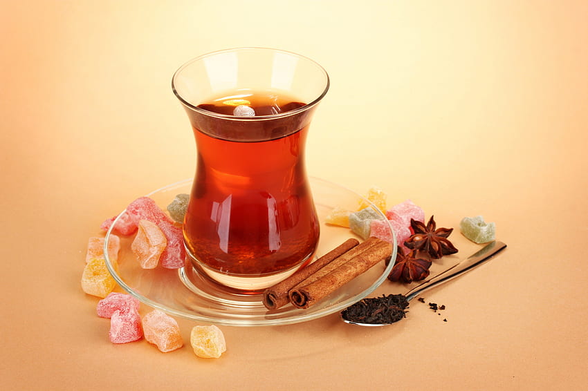 Време за чай, сладко, графика, чай, красива, канела, чаша, красота, чаени листа, натюрморт, красива, захаросани плодове, чаша чай, лъжица, прекрасно HD тапет