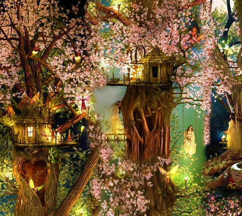ツリーハウス、魔法、風景、かわいい、美しい、家、美しさ、木、エルフ、桜、アニメ、女の子、美しい、森 高画質の壁紙
