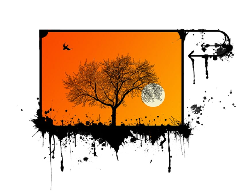Graffiti Banner, artwork, black, banner, abstract, bird, moon, orange, tree HD wallpaper