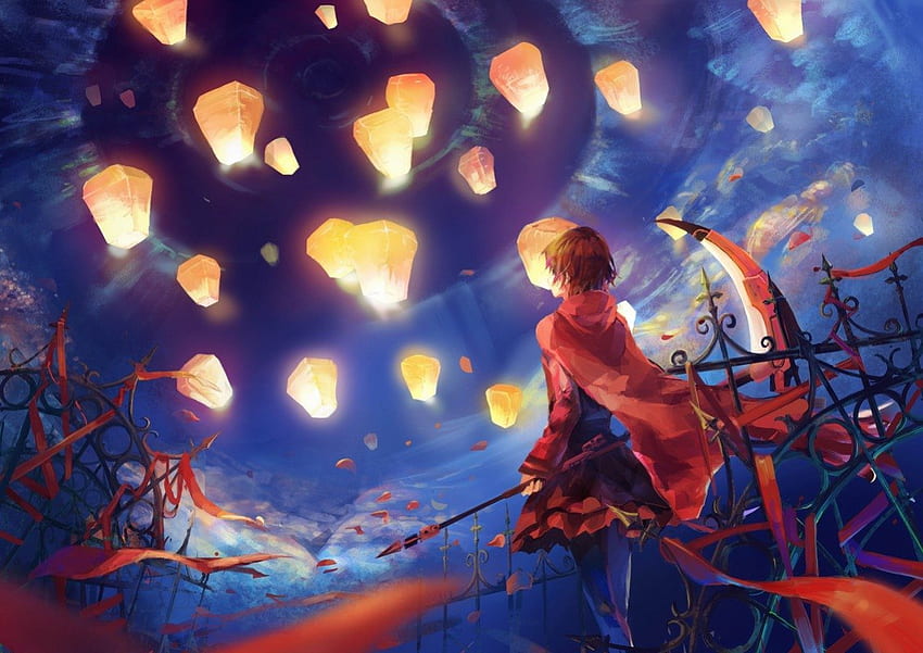 Ruby Rose, night, awesome, lanterns, red hair, beauty, nice, short hair, rwby, female, skirt, sweet, ribbon, beautiful, anime girl, scythe, anime, pretty, lights, red, cool, weapon, sky HD wallpaper
