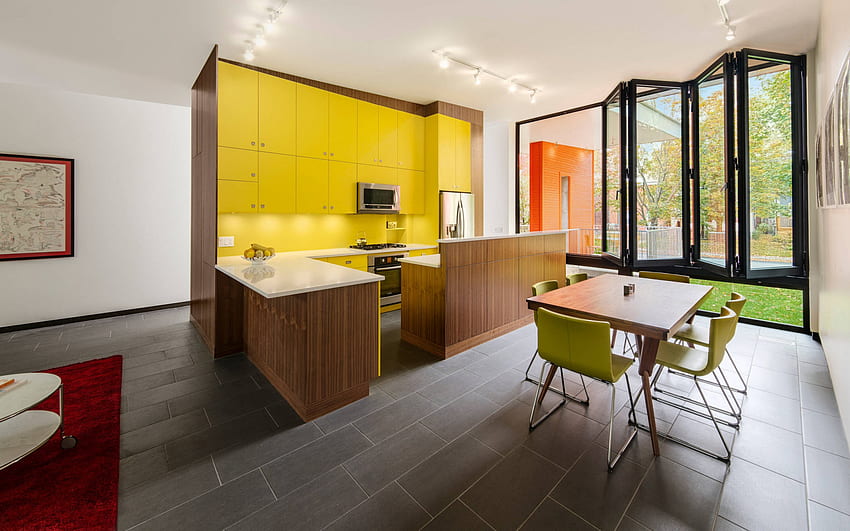 stylish kitchen interior design, yellow kitchen furniture, gray kitchen floor, dining room, modern interior design, kitchen idea HD wallpaper