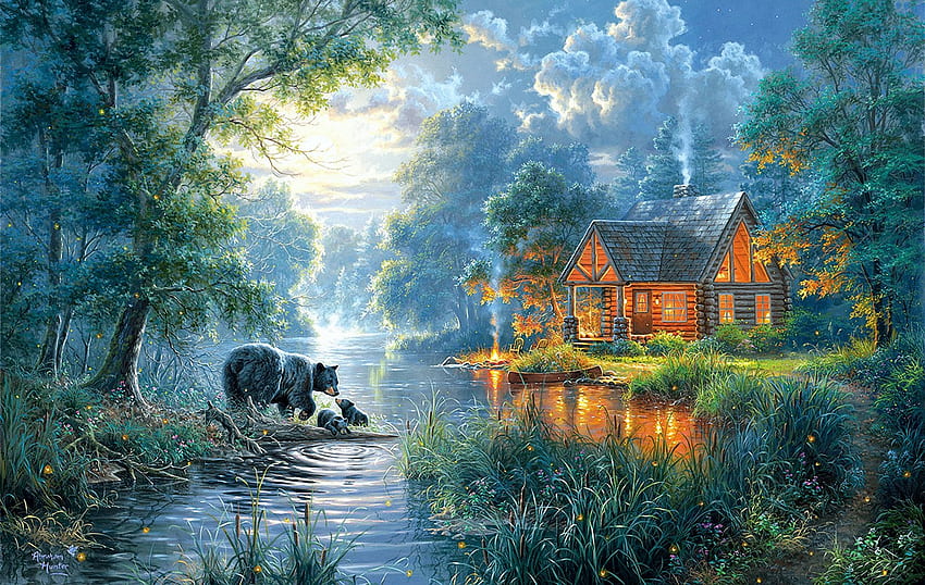 Firefly Cove, artwork, bears, river, painting, trees, campfire, cottage HD wallpaper