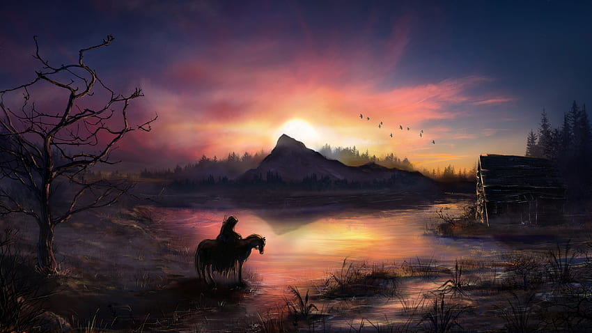 Warrior Horse Birds Flying Sunrise Landscape View HD wallpaper