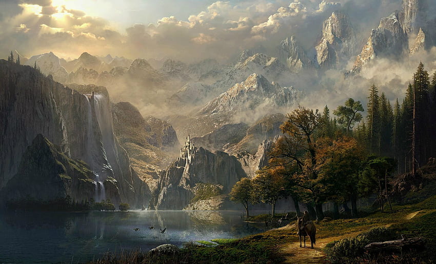 Mittelalterliche Landschaft - . Fantasielandschaft, Landschaft, Tallandschaft, mittelalterlicher Wald HD-Hintergrundbild