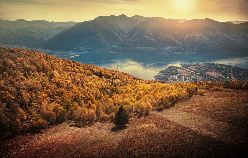 autumn, forest, sunset, mountains, lake, Switzerland, Alps, panorama, Switzerland, Alps, Lake Maggiore, Ticino, lake Maggiore, Locarno, Canton of Ticino, Locarno for , section пейзажи, Autumn Sunset Panoramic HD wallpaper