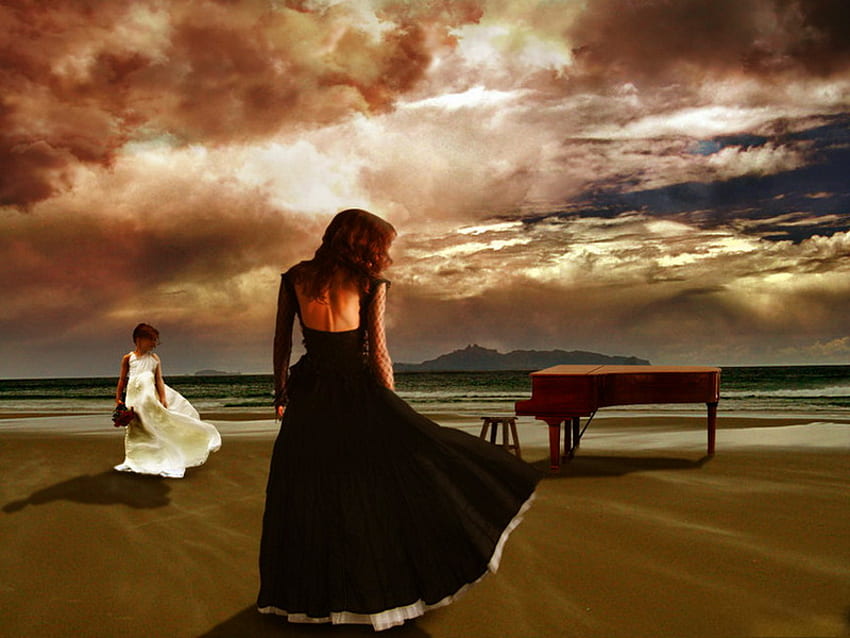 The piano, black dressed, sea, white, ladies, beach, piano, clouds, girls, women, sky, water, ocean HD wallpaper