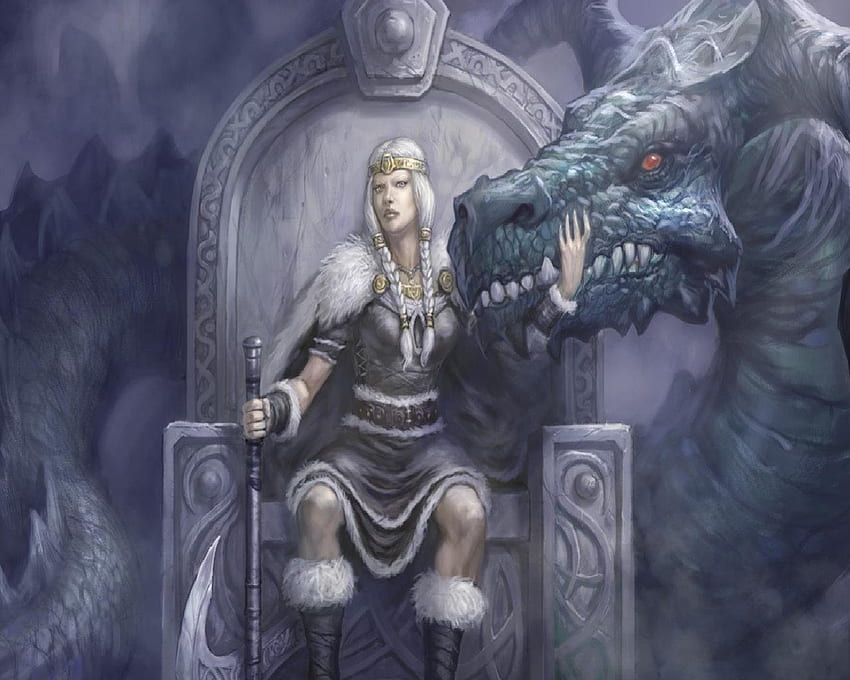 Norse Queen And Ice Dragon, ice dragon, ax, queen, throne HD wallpaper