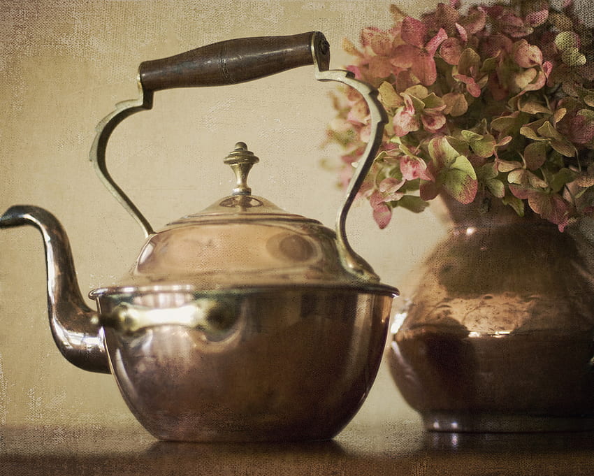 Cooper Kettle, dry flowers, still life, vase, kettle, cooper HD