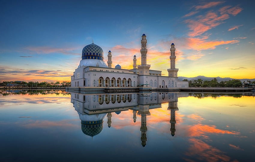 clouds, reflection, morning, mirror, Malaysia, Likas Bay, Kota Kinabalu city Mosque, sand road, the Likas mosque, Sabah for , section город HD wallpaper