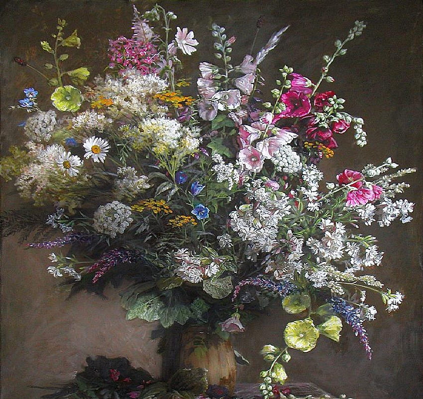 Helen's Bouquet, table, bouquet, painting, petals, vase, flowers HD wallpaper