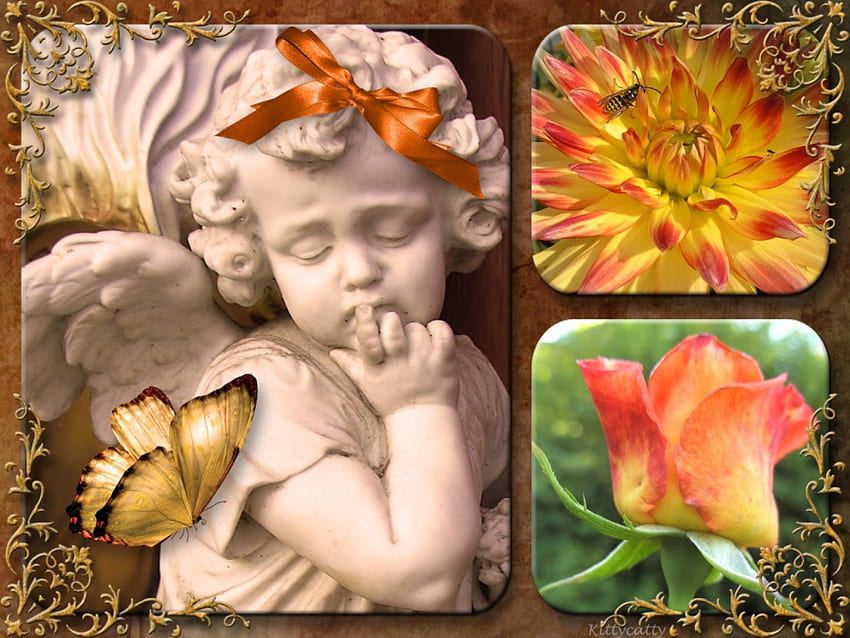 ღ~Bunga Malaikat~ღ , malaikat bunga, taman, malaikat, kolase, mawar, kupu-kupu, abstrak, musim gugur, bunga, busur Wallpaper HD