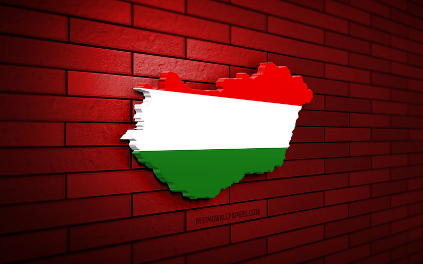 Hungary map, , red brickwall, European countries, Hungary map silhouette, Hungary flag, Europe, Hungarian map, Hungarian flag, Hungary, flag of Hungary, Hungarian 3D map HD wallpaper