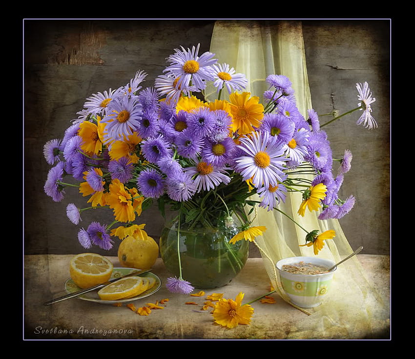 genic, lemons, tea, vase, slice, cup, petals, lavender, yellow, flowers, spoon HD wallpaper