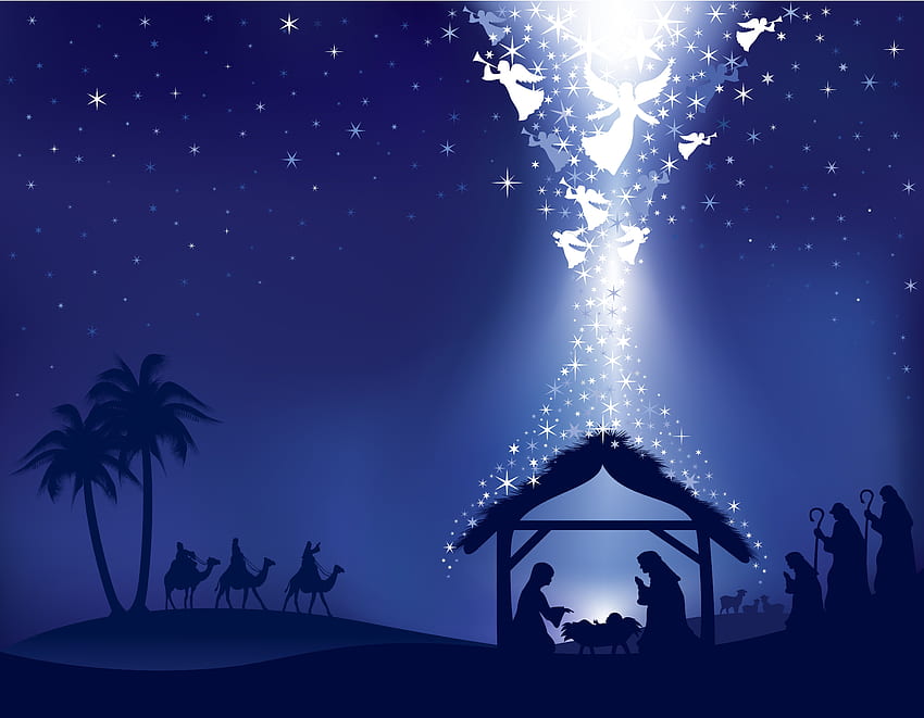 Силует на Рождество Христово в нюанси на синьо с бели ангели, Коледна ясла HD тапет