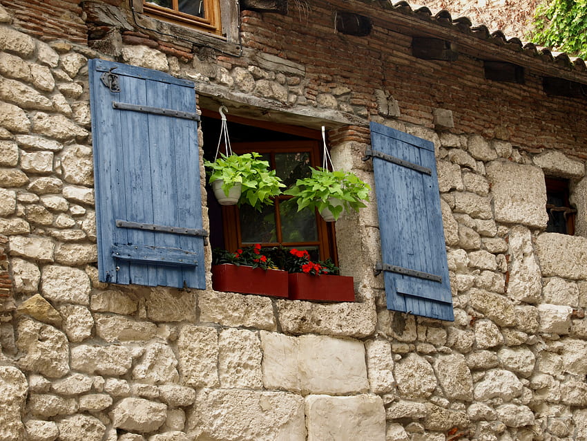 Blaue Fensterläden mit Blumen, blau, Fensterläden, Blumen, französisch HD-Hintergrundbild