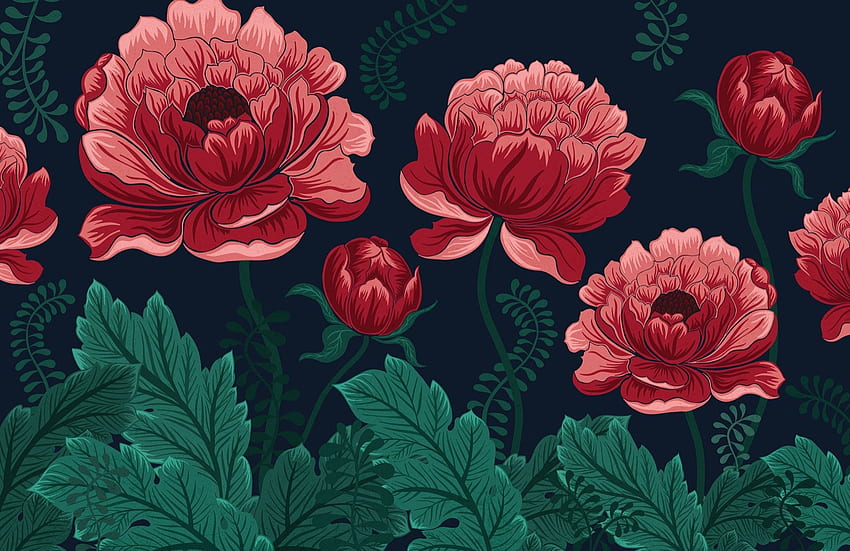 Mural Bunga Merah Muda & Hijau Tua, Bunga Antik Tua Wallpaper HD