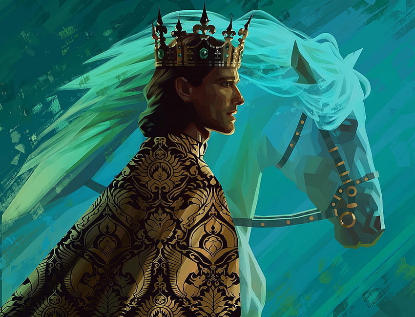 King, olga tereshenko, horse, fantasy, art, man, green, blue, golden, crown HD wallpaper