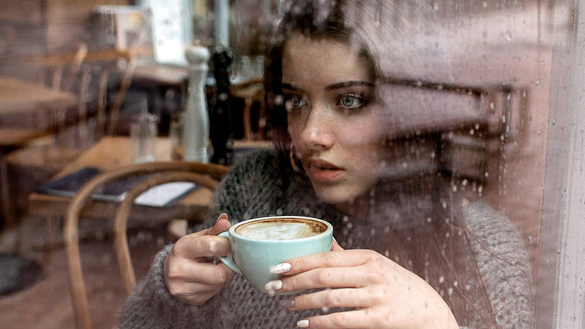 소녀 마시는 커피, 창문, 소녀 음주 HD 월페이퍼