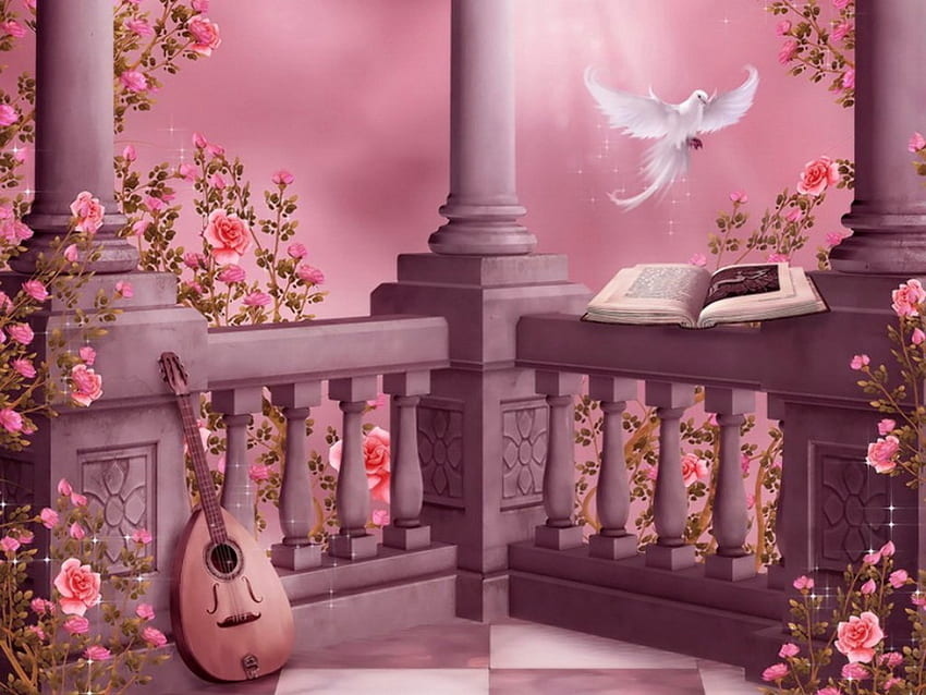 Rose garden, violin, fragrance, rose, music, dove, art, garden, paradise, beautiful, pink, leaves, book, fantasy, pretty, heaven, love, nature, scent HD wallpaper