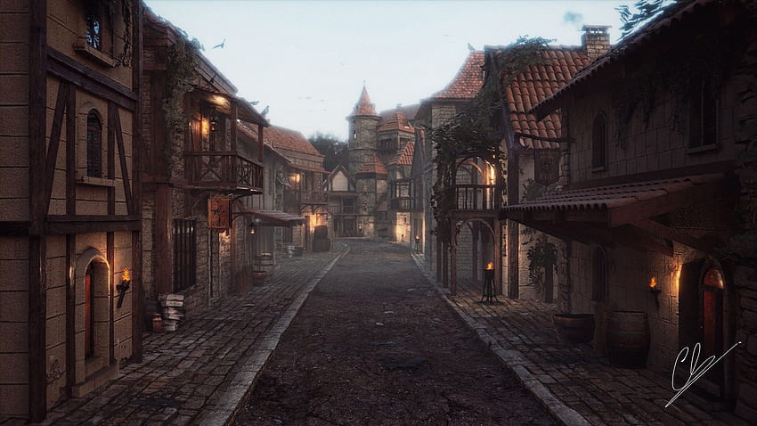 Średniowieczne miasto, średniowieczna wioska Tapeta HD