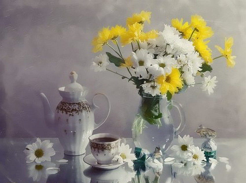 still life, black tea, flowers, jag HD wallpaper