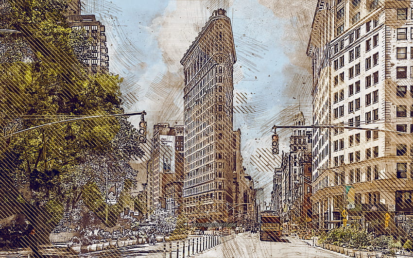 Flatiron Building, Manhattan, New York, grunge art, creative art, painted Flatiron Building, drawing, Flatiron Building abstraction, digital art, USA, painted New York for with resolution . High Quality , Building Drawing HD wallpaper