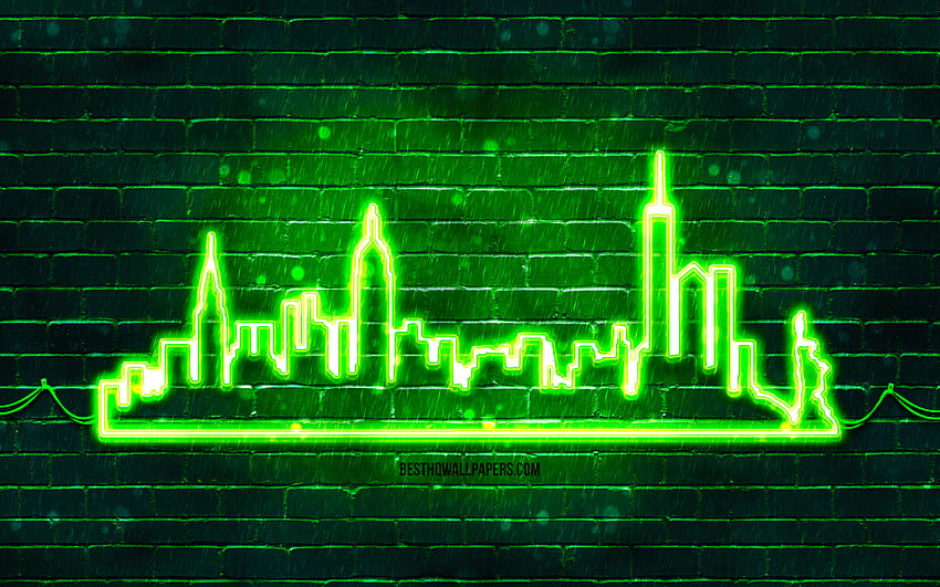 Sylwetka zielonego neonu w Nowym Jorku, zielone światła neonowe, sylwetka panoramę Nowego Jorku, zielony mur z cegły, amerykańskie miasta, neonowe sylwetki na tle nieba, USA, sylwetka Nowego Jorku, Nowy Jork, NYC Tapeta HD