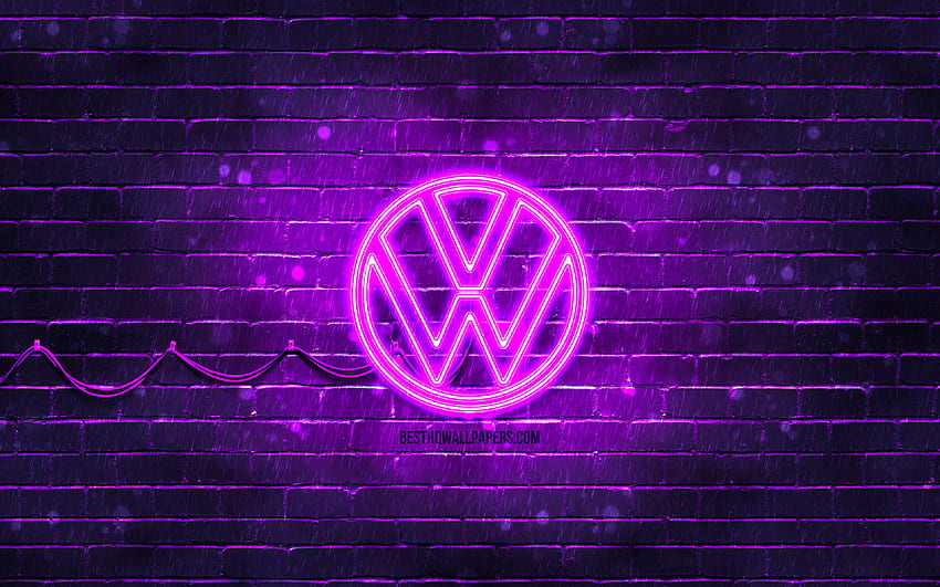 Виолетово лого на Volkswagen, синя тухлена стена, ново лого на Volkswagen, марки автомобили, лого на VW, неоново лого на Volkswagen, лого на Volkswagen 2021, лого на Volkswagen, Volkswagen HD тапет