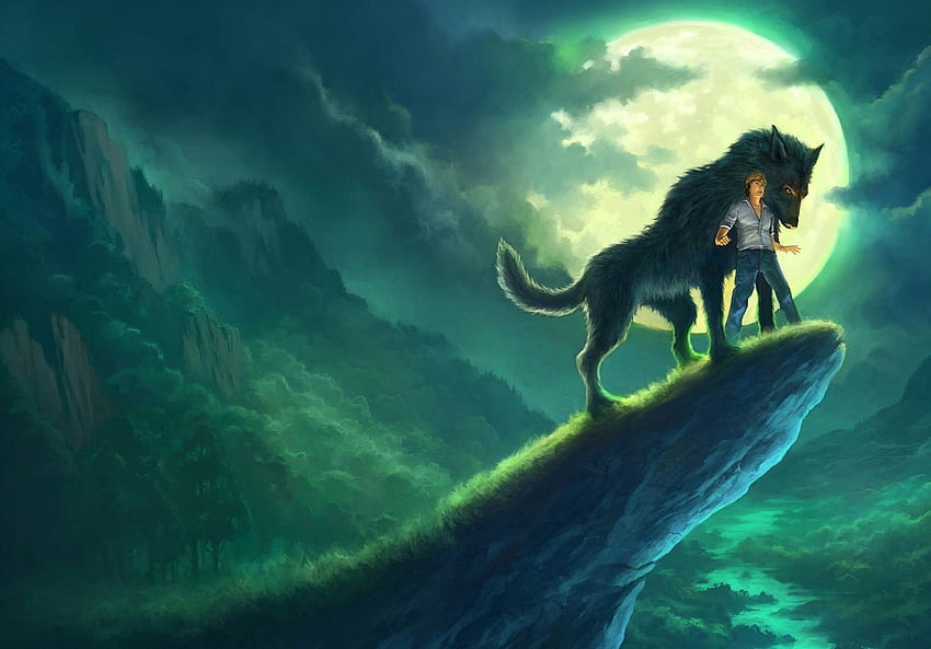 art, andreas rocha, rock, night, wolf, boy, Nightwolf HD wallpaper