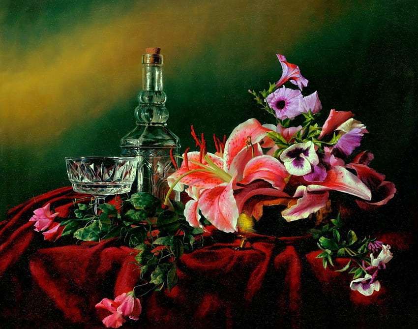 ✿⊱•╮C a r a f e╭•⊰✿, bouquet, colors, bottles, roses, carafe, lovely still life, paintings, beautiful, fruits, creative pre-made, love four seasons, still life, pretty, nature, flowers, lilies, lovely HD wallpaper