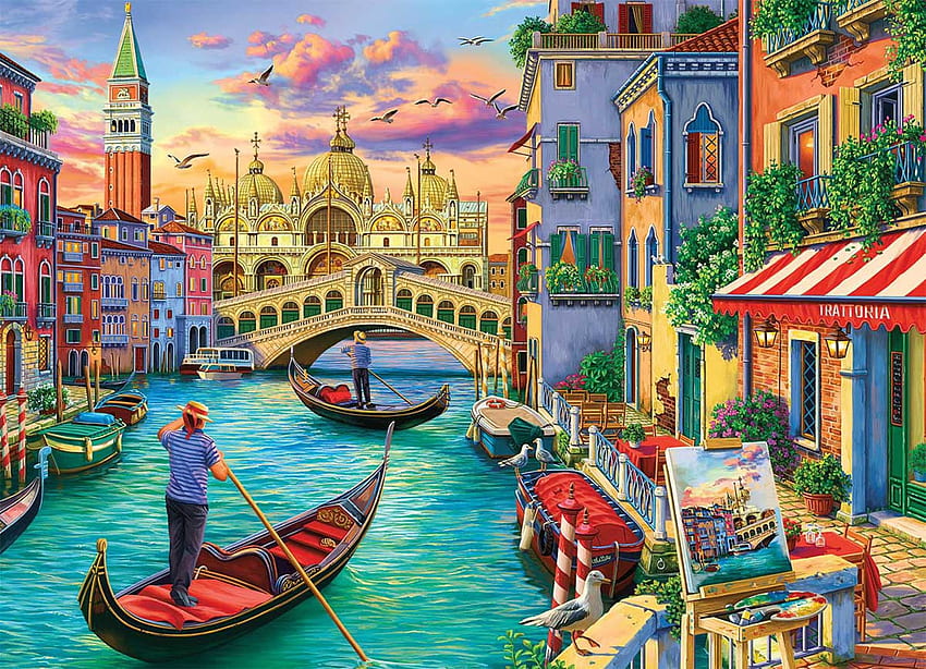Vistas de Veneza, obras de arte, restaurante, digital, canal, barcos, ponte, Itália, casas papel de parede HD