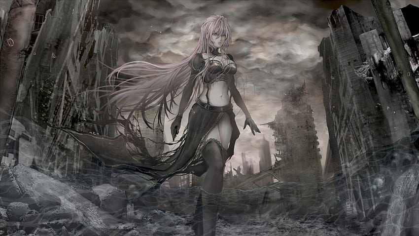 Time of Armageddon, rubble, luka, thigh highs, girl, vocaloid, pink hair, buildings, lone, luka megurine, megurine, megurine luka, clouds, female HD wallpaper