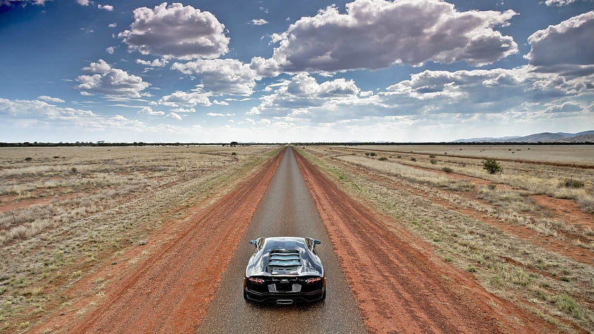 lamborghini aventador on a prairie road, prairie, horizon, car, clouds, sky, road HD wallpaper