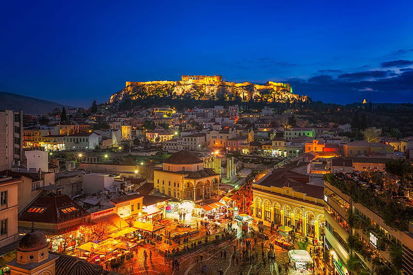 Greece Town square Athens Attica Evening HD wallpaper