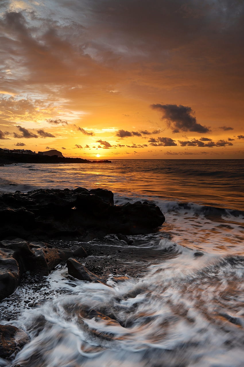 Nature, Sunset, Waves, Horizon, Lumps, Blocks HD phone wallpaper