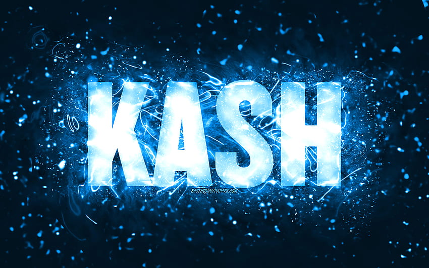 Happy Birtay Kash,, lampu neon biru, nama Kash, kreatif, Kash Happy Birtay, Kash Birtay, nama pria Amerika populer, dengan nama Kash, Kash Wallpaper HD