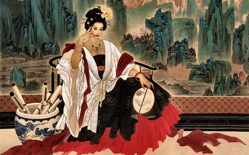 Oriental Leisure F1, wide screen, painting, art, portrait, watercolor, maiden, oriental HD wallpaper