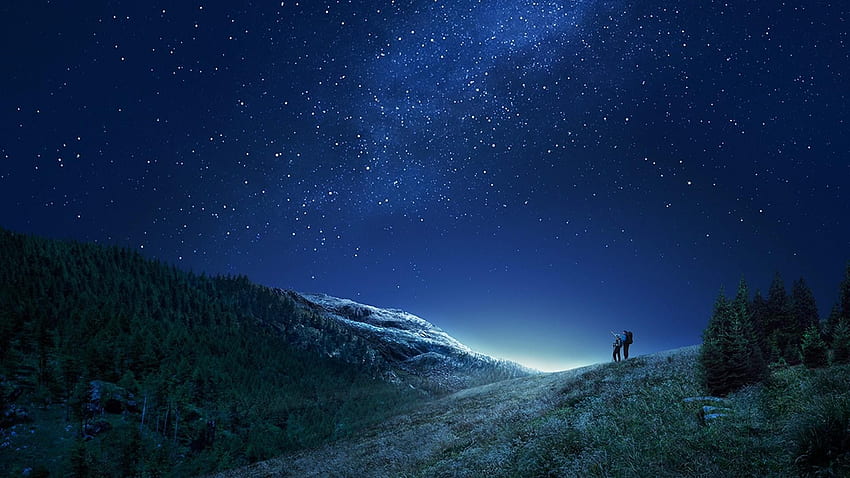 : violetter Himmel, Sterne am Nachthimmel, Langzeitbelichtung, Nachtnatur HD-Hintergrundbild