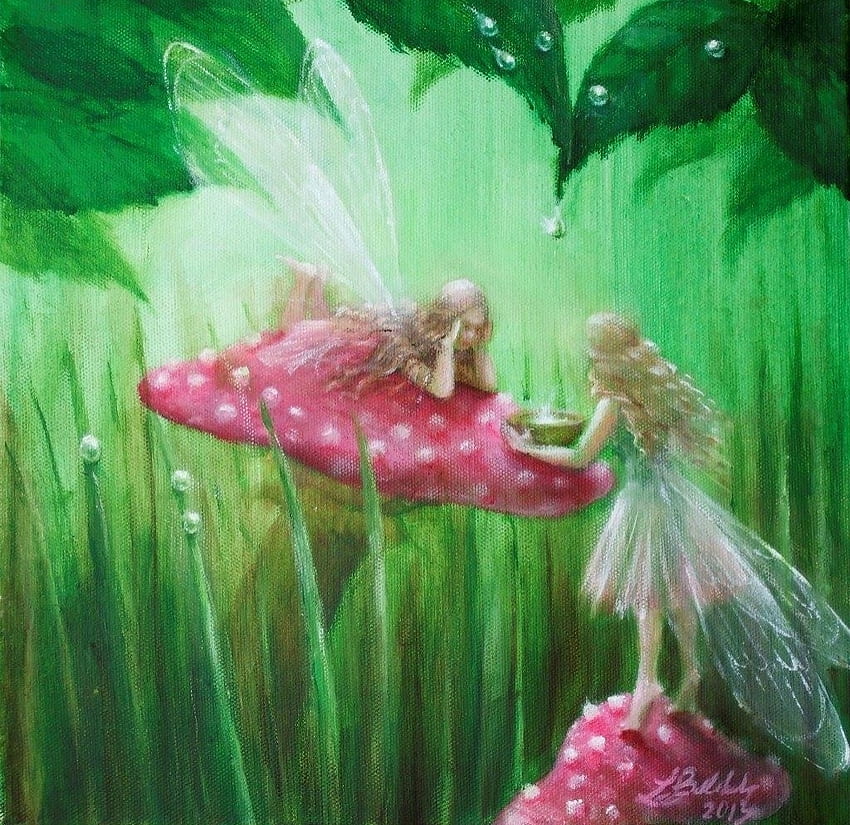 Феи на Toadstools, капка роса, изкуство, камбанария Лин, момиче, фея, розово, фантазия, , зелено, luminos HD тапет